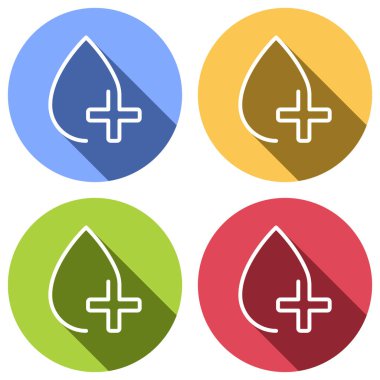 damla kan ve tıbbi çapraz. Doğrusal sembolü ile ince anahat. bir çizgi stili. Mavi, turuncu, yeşil ve kırmızı renkli daireler uzun gölge ile beyaz simgeler kümesi. Etiket tarzı