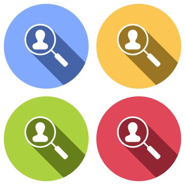 İnsan kaynakları simgesi. Büyüteç Camı kişi simge. Arama profili. Mavi, turuncu, yeşil ve kırmızı renkli daireler uzun gölge ile beyaz simgeler kümesi. Etiket tarzı