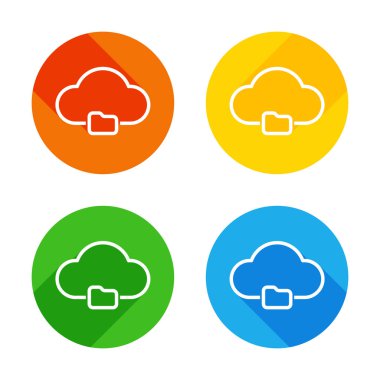 Anahat basit bulut ve klasör. Doğrusal sembolü ile ince anahat. Renkli daireler arka plan düz beyaz simgesi. Dört farklı uzun gölgeler her köşe