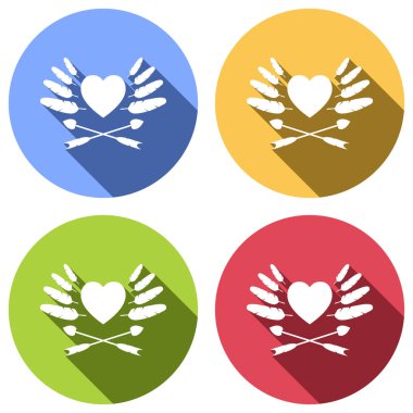 Valentine tutamaçlarından simgesi ' s gün kalp, tüyler ve oklar. Mavi, turuncu, yeşil ve kırmızı renkli daireler uzun gölge ile beyaz simgeler kümesi. Etiket tarzı