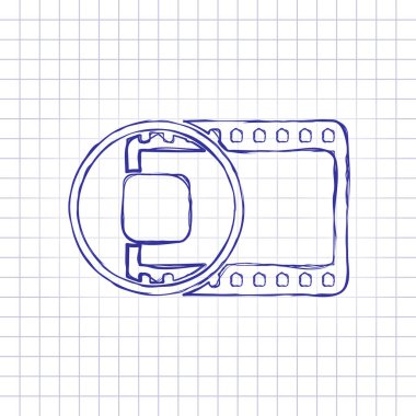 Film şeridi daire durak simgesiyle. basit siluet. Elle çizilmiş resim kağıt sayfası. Mavi mürekkep, anahat kroki tarzı. Damalı zemin üzerine doodle