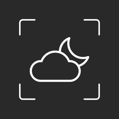 Geceleri çok bulutlu. İnce anahat ile basit doğrusal simgesi. Beyaz nesne kamera otomatik odaklama koyu arka plan üzerinde