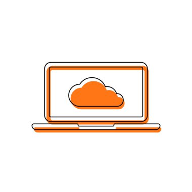 Bulut teknolojisi, bilgisayar yazılımı. Laptop ve bulut. İzole simge siyah ince dağılımı ve farklı katmanlarda doldurma taşındı turuncu oluşan. Beyaz arka plan