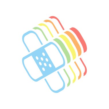 Grup yardım simgesi. İşareti alçı. Yamalar birkaç. İnce anahat ile basit doğrusal simgesi. Beyaz arka plan üzerinde renkli izometrik simgeler yığını