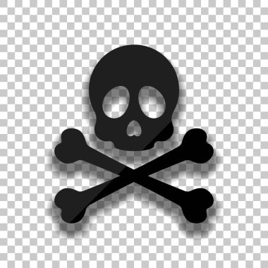 Kafatası ve çapraz kemikler. Basit simgesi. Saydam arka plan üzerinde yumuşak gölgeli siyah cam kutsal kişilerin resmi