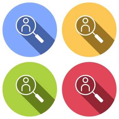 İnsan secource, arama profili. Doğrusal simgesi, ince anahat. Mavi, turuncu, yeşil ve kırmızı renkli daireler uzun gölge ile beyaz simgeler kümesi. Etiket tarzı