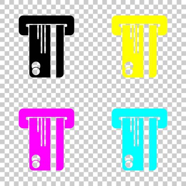 ATM makine ve kredi kartı. basit siluet. Cmyk simgeleri şeffaf arka plan üzerinde renkli dizi