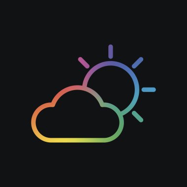 Güneş ve bulut. Hava sembolü. İnce anahat ile doğrusal simgesi. Gökkuşağı rengi ve koyu arka plan