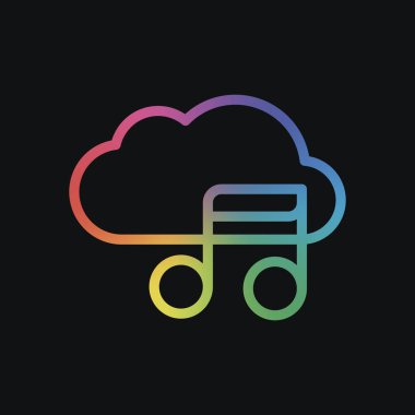 Bulut ve nota ile basit simgesi. Doğrusal sembol, ince anahat. Gökkuşağı rengi ve koyu arka plan