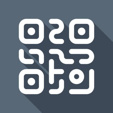 QR kodu. Teknoloji simgesi. Basit bir logo. Uzun Gölge arka plan üzerinde beyaz düz simgesi
