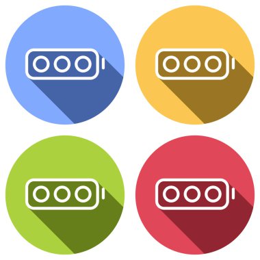 Basit boş pil, düzey yok. Mavi, turuncu, yeşil ve kırmızı renkli daireler uzun gölge ile beyaz simgeler kümesi. Etiket tarzı