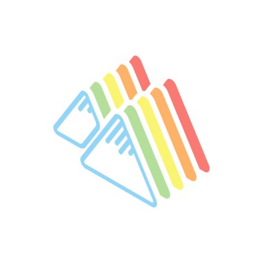 Dağlar simgesi. İnce anahat doğrusal stiliyle. Beyaz arka plan üzerinde renkli izometrik simgeler yığını