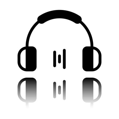Kulaklık ve müzik dalgası. Dk ses seviyesini. Basit simgesi. Siyah beyaz arka plan ayna yansıması simgesiyle