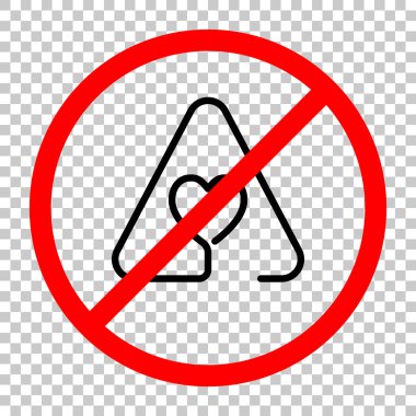 Uyarı üçgeni kalbinde. İnce anahat ile doğrusal simgesi. Bir çizgi stili. Siyah kırmızı uyarı işareti şeffaf arka plan ile nesnesinde izin yok