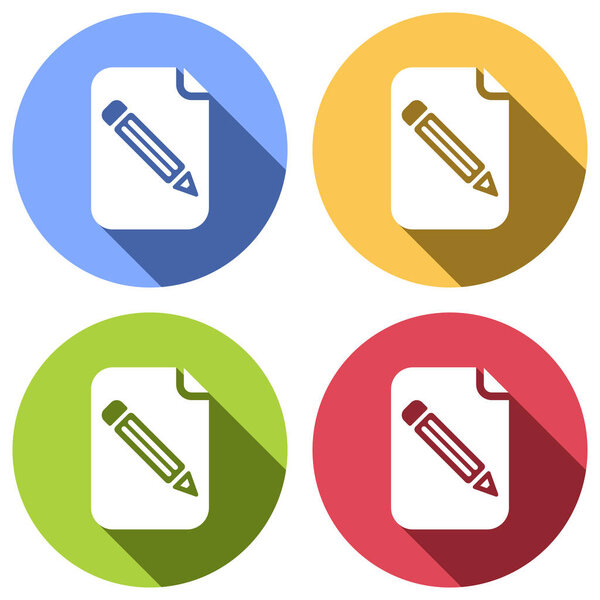 Paper and pencil icon. Set of white icons with long shadow on blue, orange, green and red colored circles. Sticker style