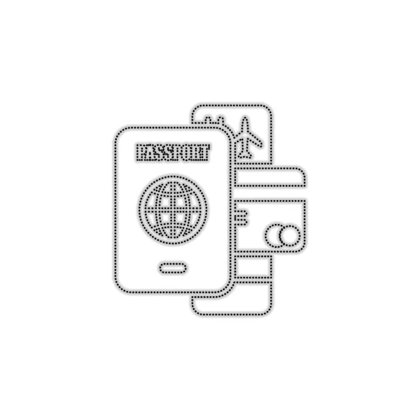 Útlevelet Jegyet Hitelkártya Légi Utazási Koncepció Szaggatott Körvonal Sziluettje Árnyék — Stock Vector