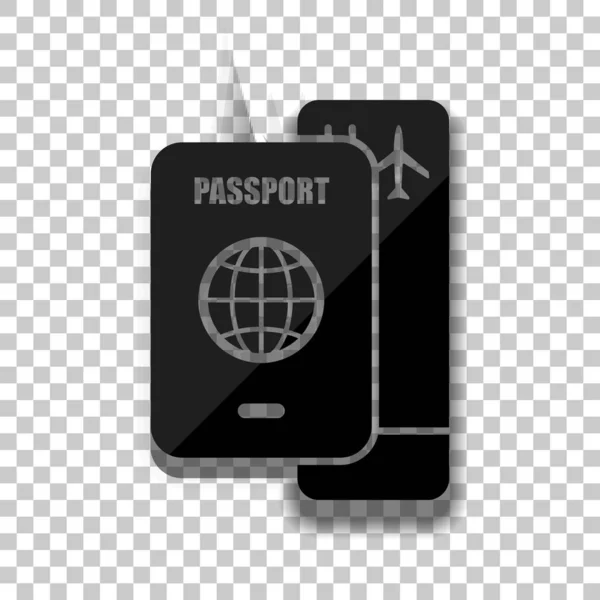 护照登机牌航空旅行的概念 黑色玻璃图标 透明背景上有柔和的阴影 — 图库矢量图片