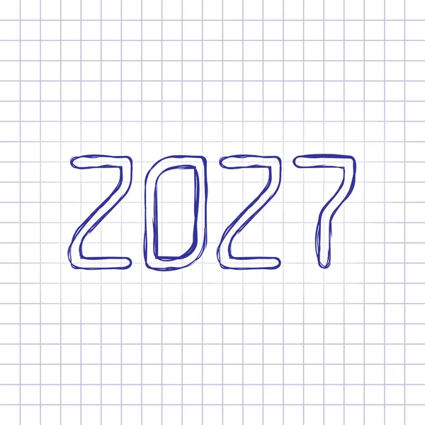 2027 の数字アイコン 明けましておめでとう 手紙に描かれた絵 青インク アウトライン スケッチ スタイル 市松模様の背景の落書き — ストックベクタ