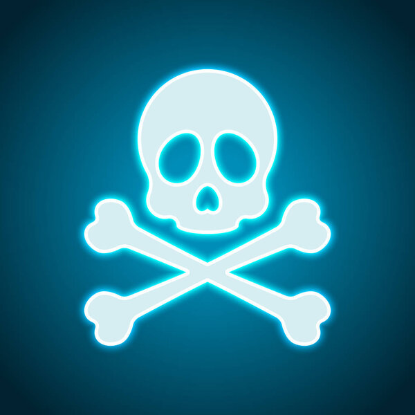 Череп и скрещенные кости. Простая иконка. Неоновый стиль. Значок светлого декора. Яркий электрический символ
