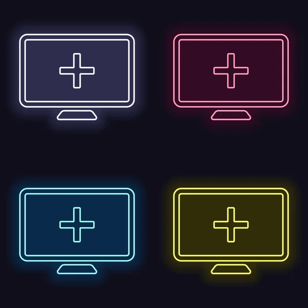 Computer Medical Cross Medical Site Simple Icon Set Neon Sign — Stock Vector