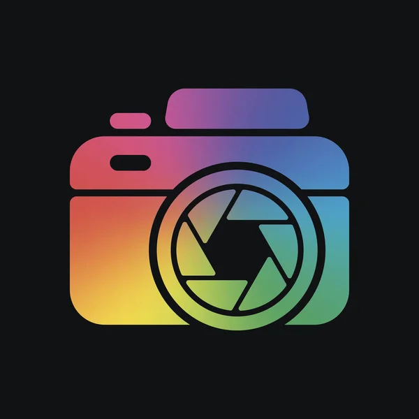 Fotokamera Mit Verschluss Einfaches Symbol Regenbogenfarbe Und Dunkler Hintergrund — Stockvektor