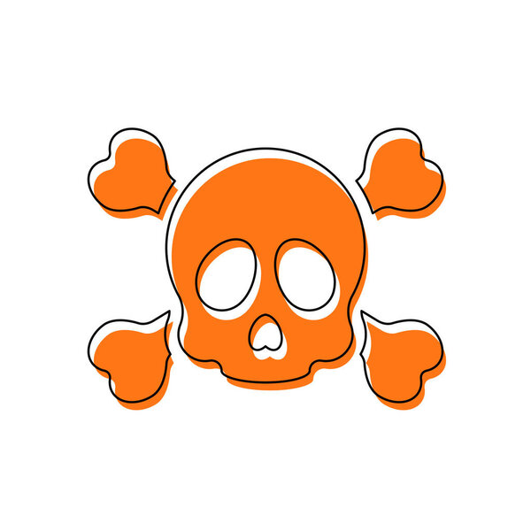 Череп и скрещенные кости. Простая иконка. Изолированная иконка, состоящая из черно-тонкого контура и оранжевого перемещения заливки на разных слоях. Белый фон
