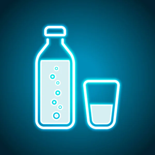 Flaska Vatten Med Bubblor Och Glas Cup Enkel Ikon Neon — Stock vektor