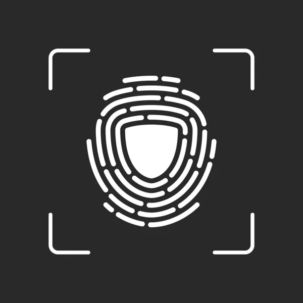 指紋で保護します ロゴは 専用の を保護します セキュリティのアイコン 白オブジェクト暗い背景のオート フォーカスのカメラで — ストックベクタ
