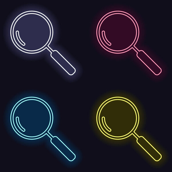 Loupe, search or magnifying. Linear icon, thin outline. Set of neon sign. Casino style on dark background. Seamless pattern