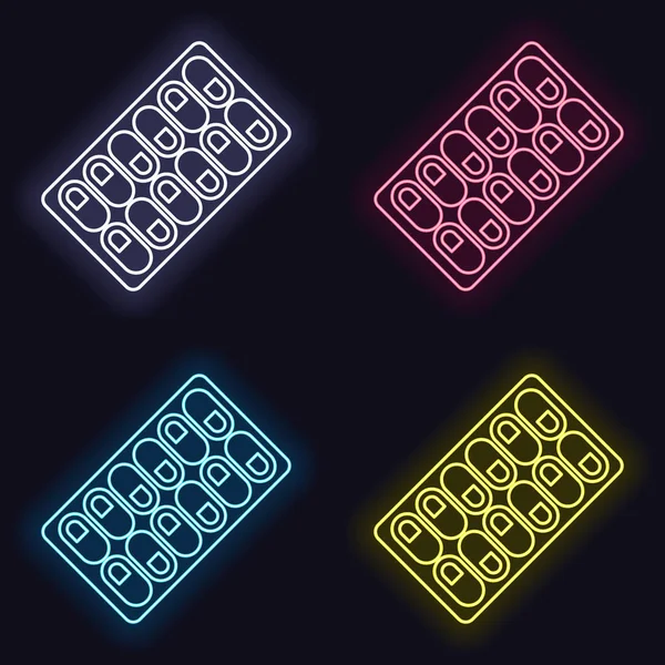 Pack Pills Icon Set Fashion Neon Sign Casino Style Dark — Stock Vector