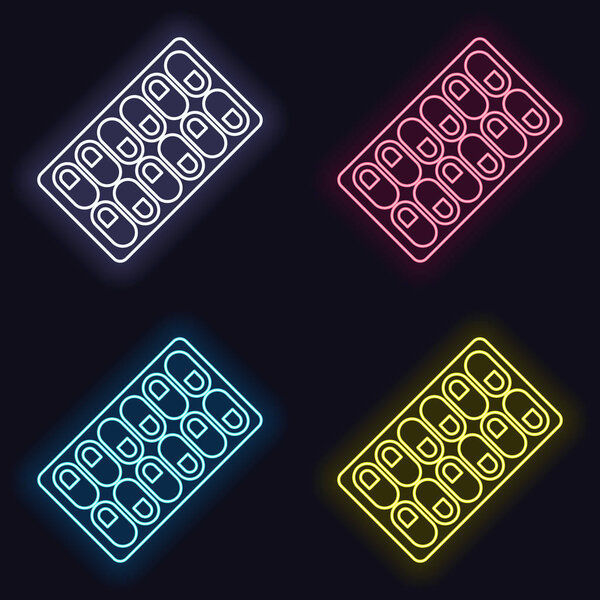 Pack Pills Icon. Set of fashion neon sign. Casino style on dark background. Seamless pattern