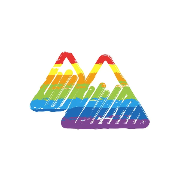 Mountains icon. Linear style with thin outline. Drawing sign with LGBT style, seven colors of rainbow (red, orange, yellow, green, blue, indigo, violet