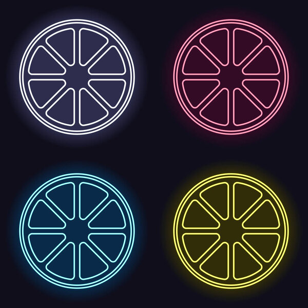 Whole lemon or orange. Simple icon. Set of neon sign. Casino style on dark background. Seamless pattern