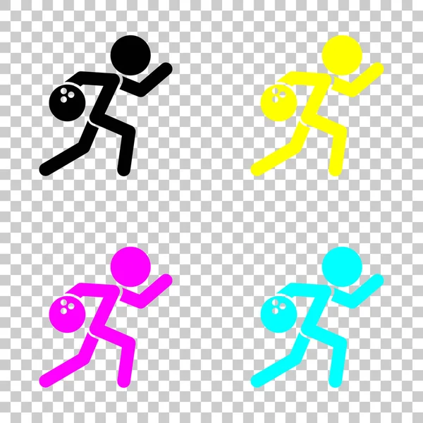Running Man Bowling Icon Colored Set Cmyk Icons Transparent Background — Stock Vector