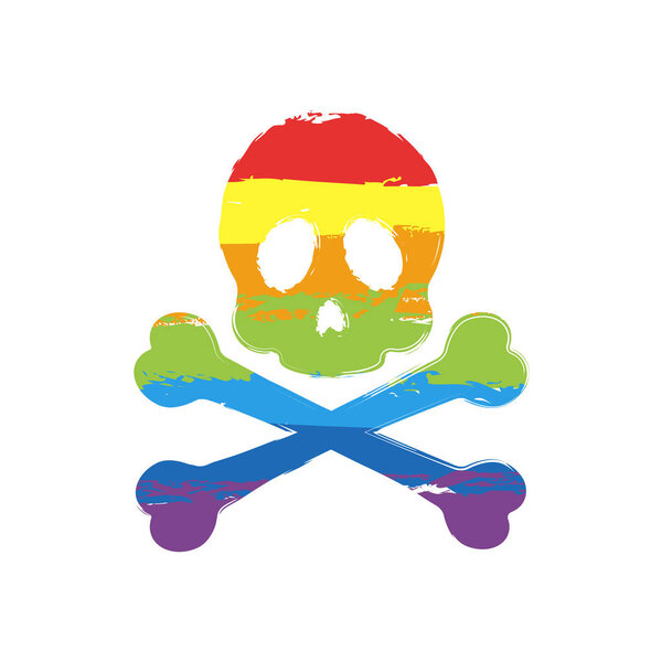 Череп и скрещенные кости. Простая иконка. Рисунок знак в стиле ЛГБТ, семь цветов радуги (красный, оранжевый, желтый, зеленый, синий, индиго, фиолетовый
