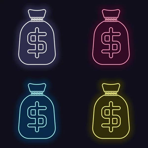 Geld Tas Met Dollar Volledige Moneybag Pictogram Set Van Lichtreclame — Stockvector