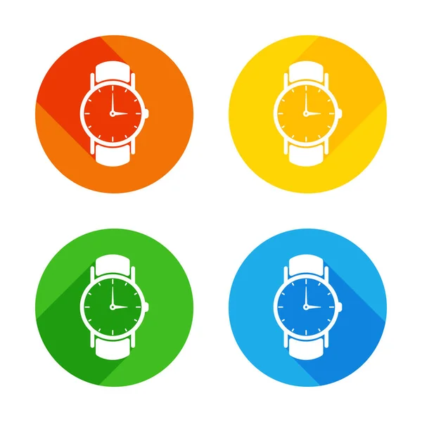 经典的手表箭头 彩色圆圈背景上的白色图标 每个角落都有四个不同的长阴影 — 图库矢量图片