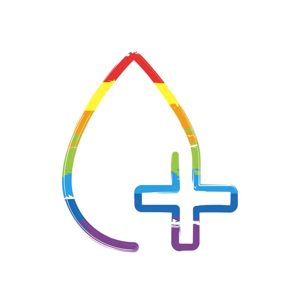 damla kan ve tıbbi çapraz. Doğrusal sembolü ile ince anahat. bir çizgi stili. Çizim işaretiyle Lgbt stil, gökkuşağı (kırmızı, turuncu, sarı, yeşil, mavi, Indigo, menekşe, yedi renk