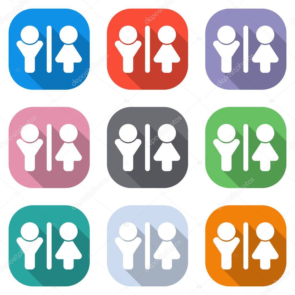 WC icon. Man and woman sign. Set of white icons on colored squares for applications. Seamless and pattern for poster