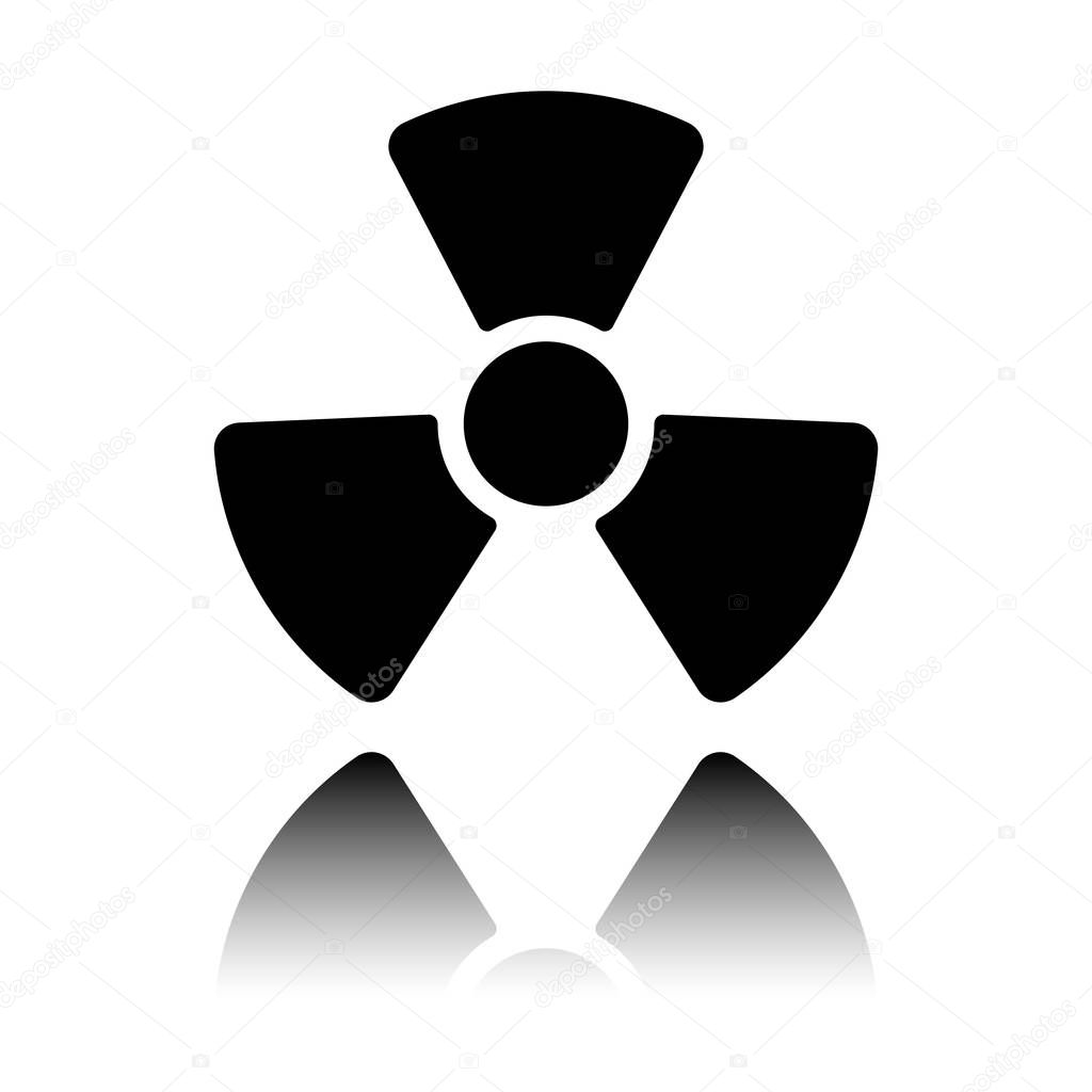 Radiation simple symbol. Radioactivity icon. Black icon with mirror reflection on white background