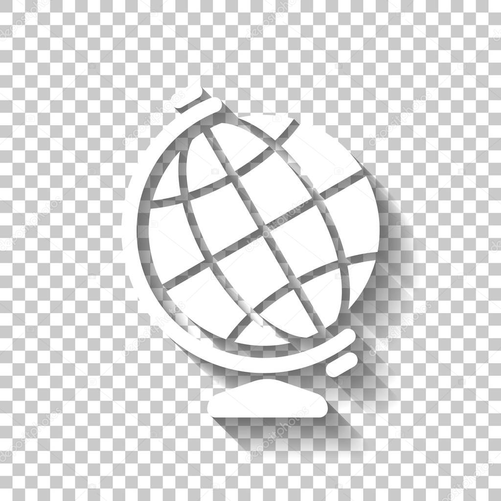 Simple globe symbol. White icon with shadow on transparent background