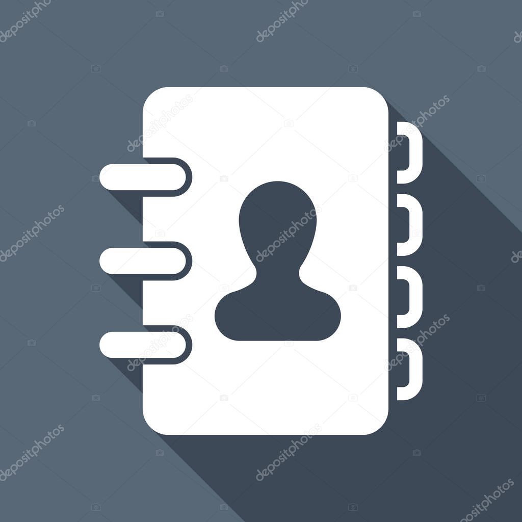 address book with person on cover. simple icon. White flat icon with long shadow on background