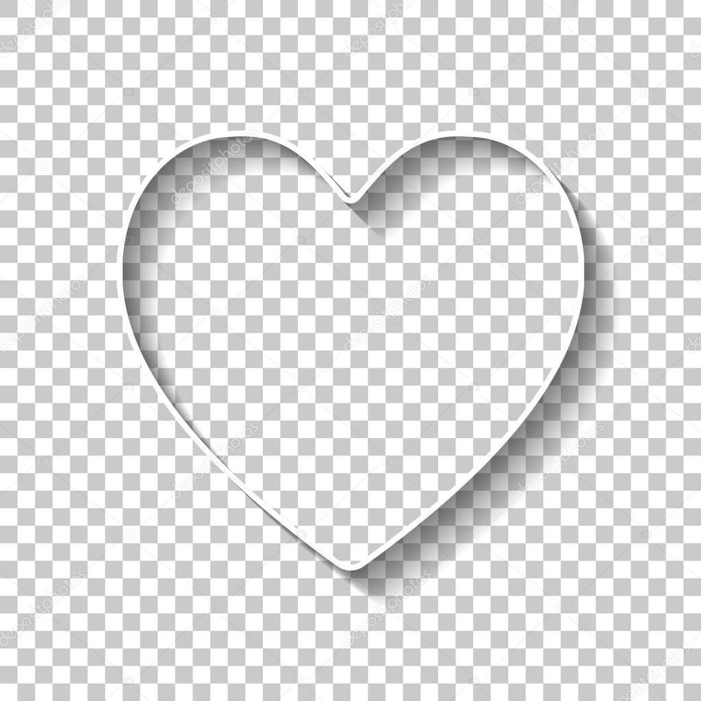 Simple heart icon. White outline sign with shadow on transparent background