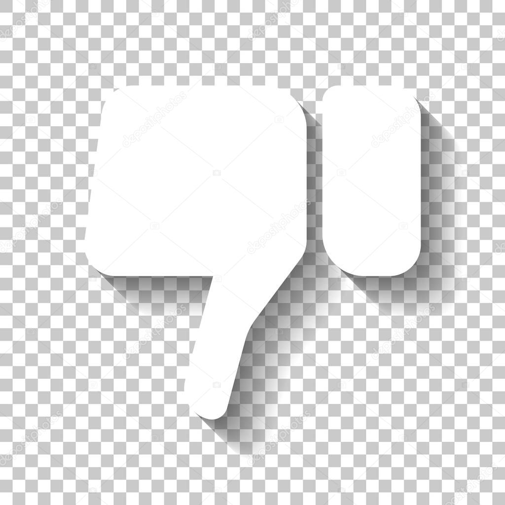 Hand with thumb down, dislike icon. White icon with shadow on transparent background