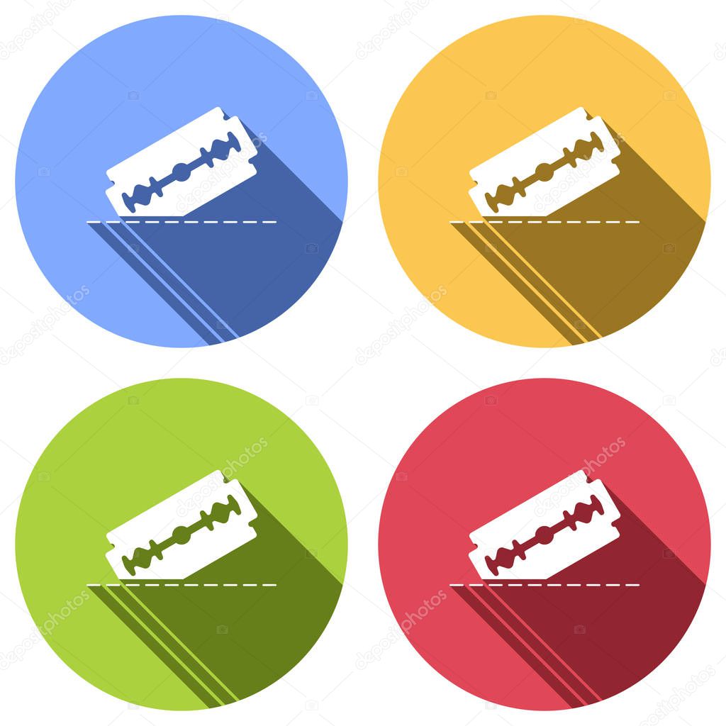 razor blade and cutting line. simple single icon. Set of white icons with long shadow on blue, orange, green and red colored circles. Sticker style