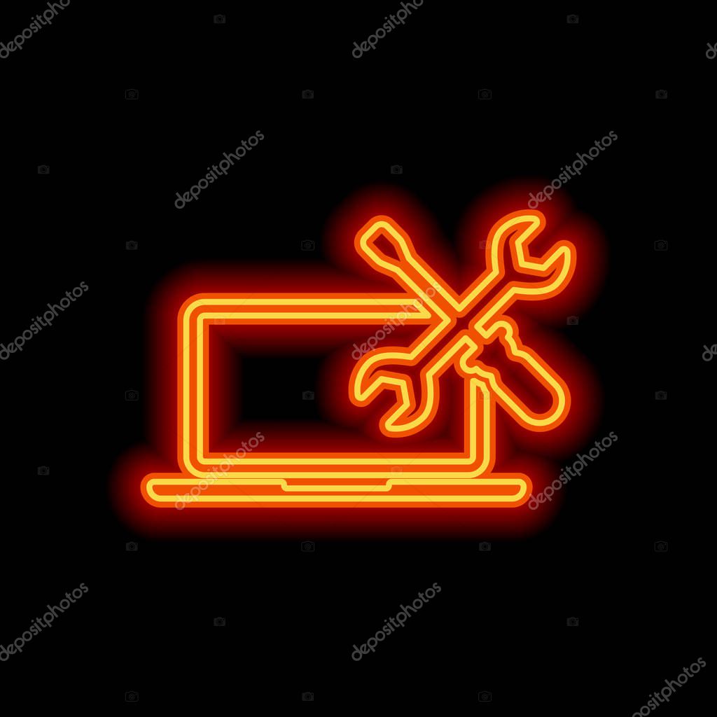 Laptop repair service. Orange neon style on black background. Light icon