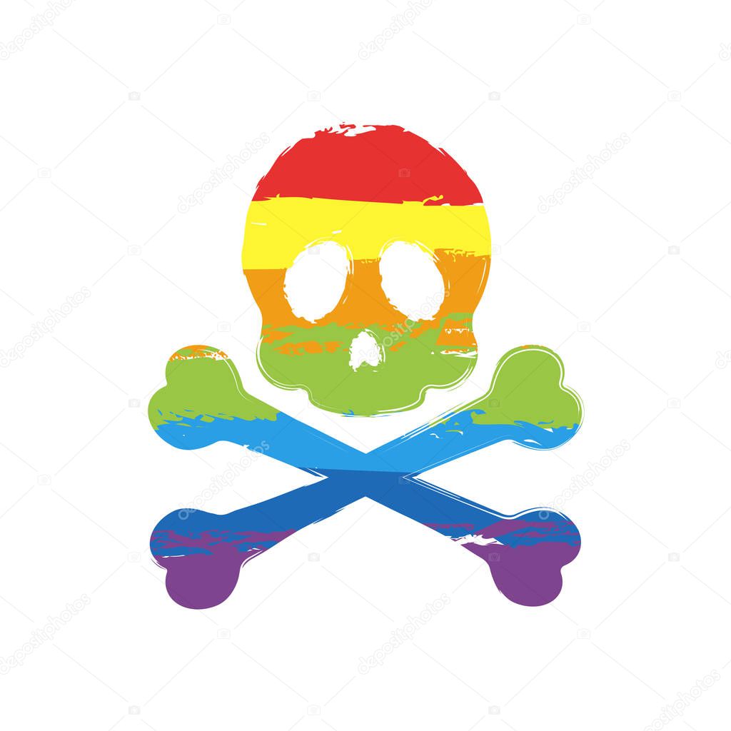 Skull and crossed bones. Simple icon. Drawing sign with LGBT style, seven colors of rainbow (red, orange, yellow, green, blue, indigo, violet