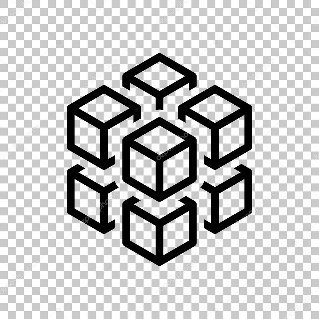 3d cube with eight blocks. Icon of rubik or ice pieces. Black symbol on transparent background