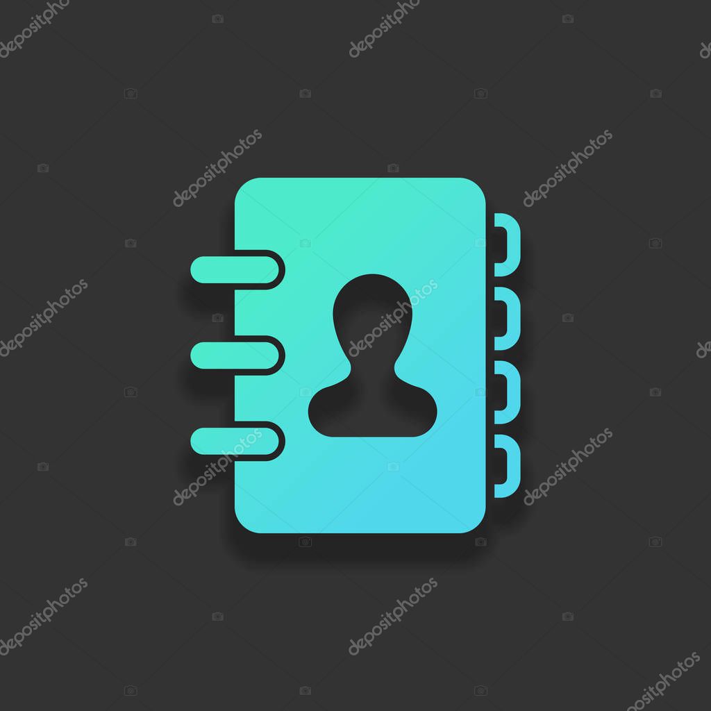 Address book with person on cover. simple icon. Colorful logo concept with soft shadow on dark background. Icon color of azure ocean