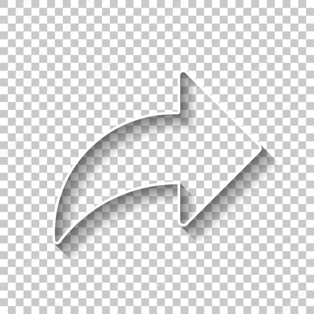 Share icon with arrow. White outline sign with shadow on transparent background